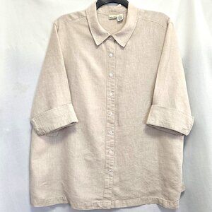 LINDEN HILL Beige 100% Linen 3/4 Sleeve Button Front Collared Blouse/Top